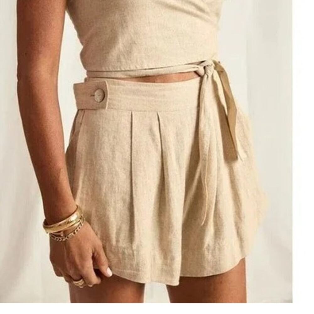 Free the Label Florence High Waisted Linen Wide Leg Shorts Pockets S Olive Green